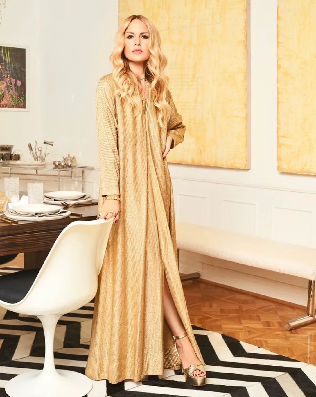 Chic 1970s Halston Deep Metallic Gold Lame Lurex Full Length Caftan Dress w Notched Neckline