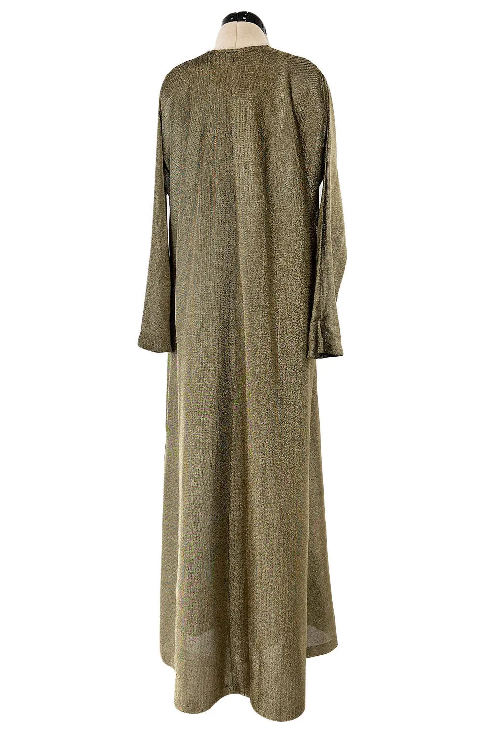 Chic 1970s Halston Deep Metallic Gold Lame Lurex Full Length Caftan Dress w Notched Neckline