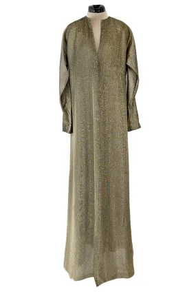 Chic 1970s Halston Deep Metallic Gold Lame Lurex Full Length Caftan Dress w Notched Neckline