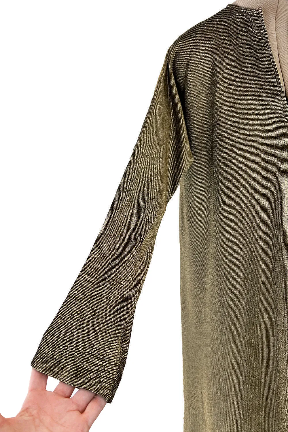 Chic 1970s Halston Deep Metallic Gold Lame Lurex Full Length Caftan Dress w Notched Neckline