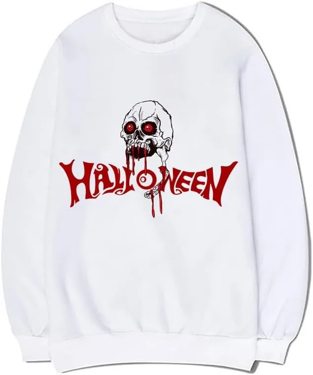 CORIRESHA Scary Skull Sweatshirt Crewneck Long Sleeve Teen Halloween Blood Pullover