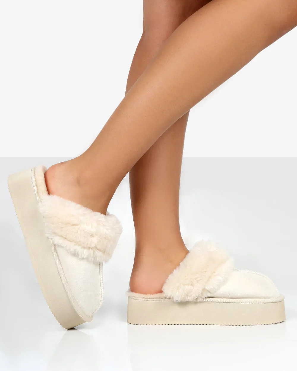 Cosy Cream Faux Suede Platform Slider Slipper