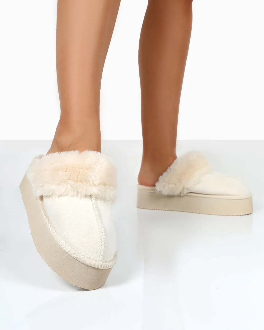 Cosy Cream Faux Suede Platform Slider Slipper