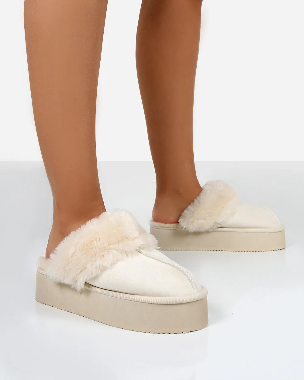 Cosy Cream Faux Suede Platform Slider Slipper