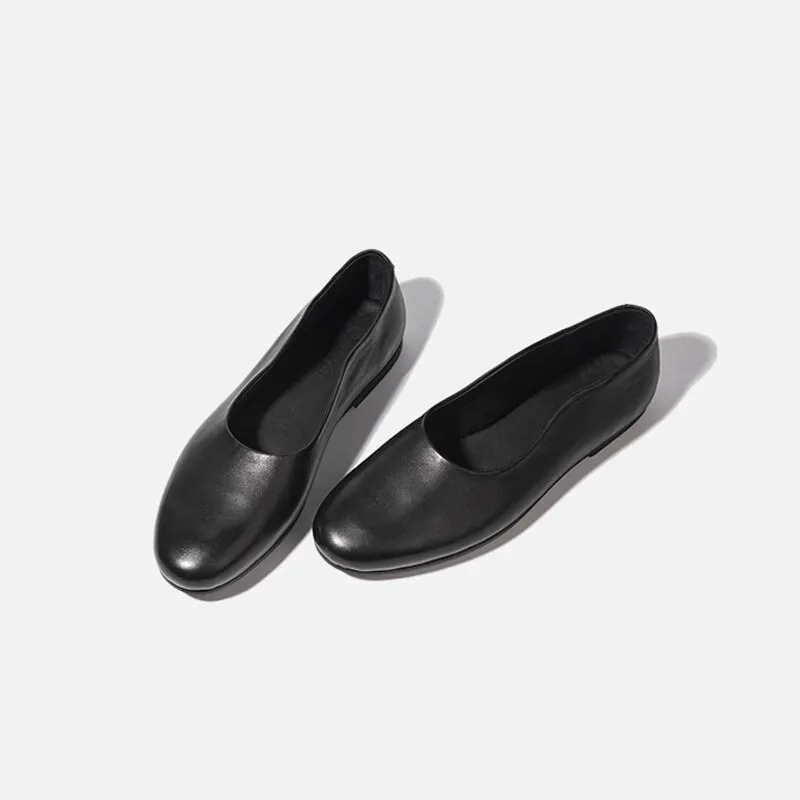 Cow Leather Flats For Women Round Toe  Loafer Shoes in Black/Red