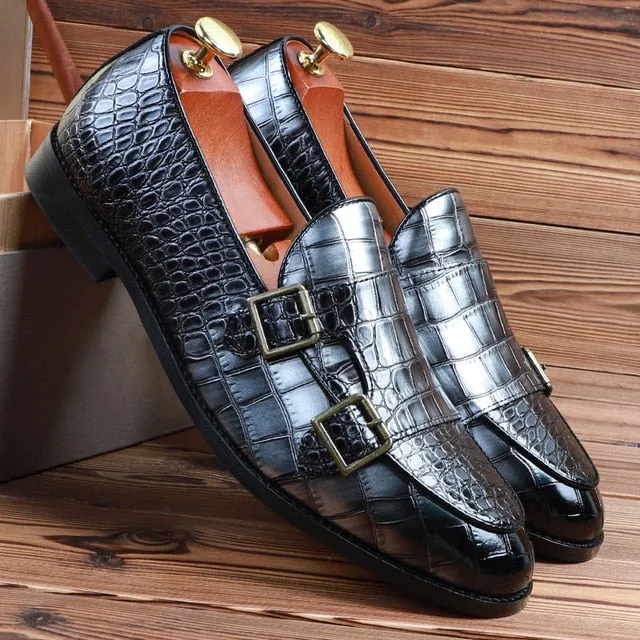 Crocodile Skin PU Leather Monk Shoes