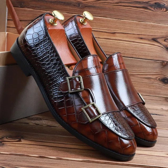 Crocodile Skin PU Leather Monk Shoes