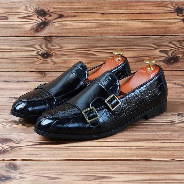 Crocodile Skin PU Leather Monk Shoes