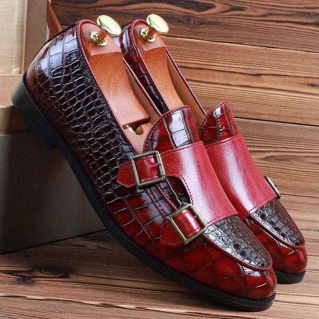 Crocodile Skin PU Leather Monk Shoes