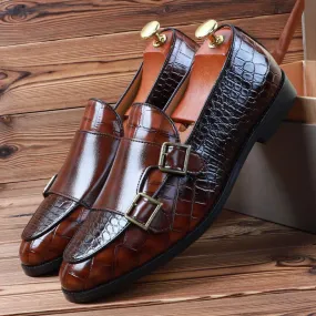 Crocodile Skin PU Leather Monk Shoes