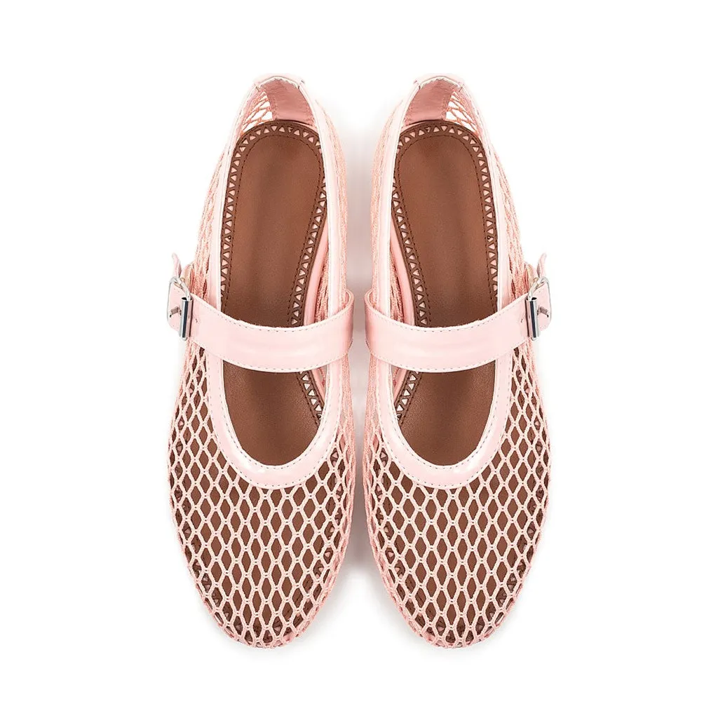 Cute Round Toe Buckled Vegan Leather Mesh Net Mary Jane Ballet Flats