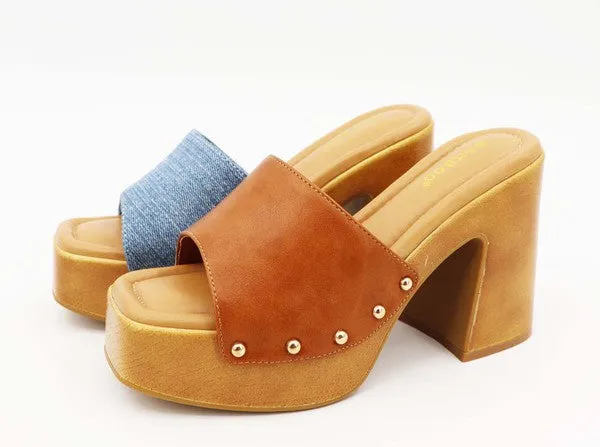 Denim Blue Bamboo Chunky Platform Heel Studded Slide Sandals