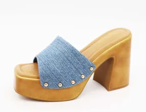 Denim Blue Bamboo Chunky Platform Heel Studded Slide Sandals