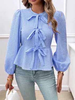 Devine Tied Round Neck Long Sleeve Blouse