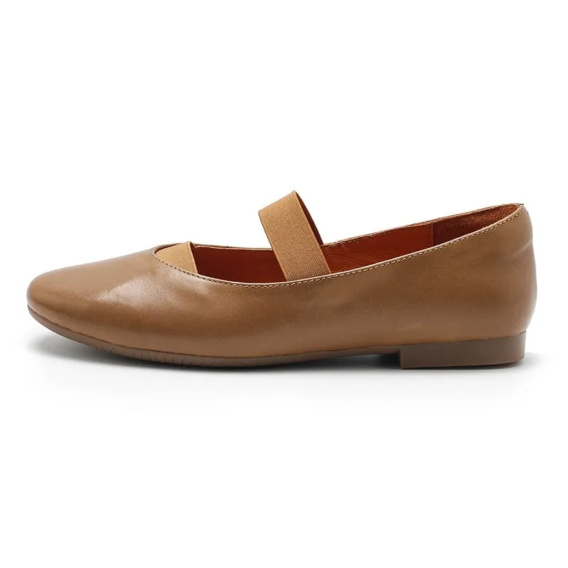 Dwarves Handmade Calfskin Women's Michaela Mary Jane Flats in Khaki/Apricot/Black