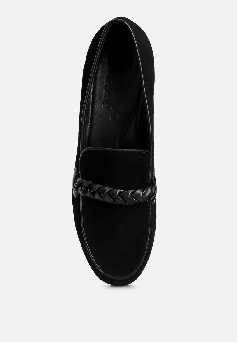 ECHO Suede Leather Braided Detail Loafers In Black