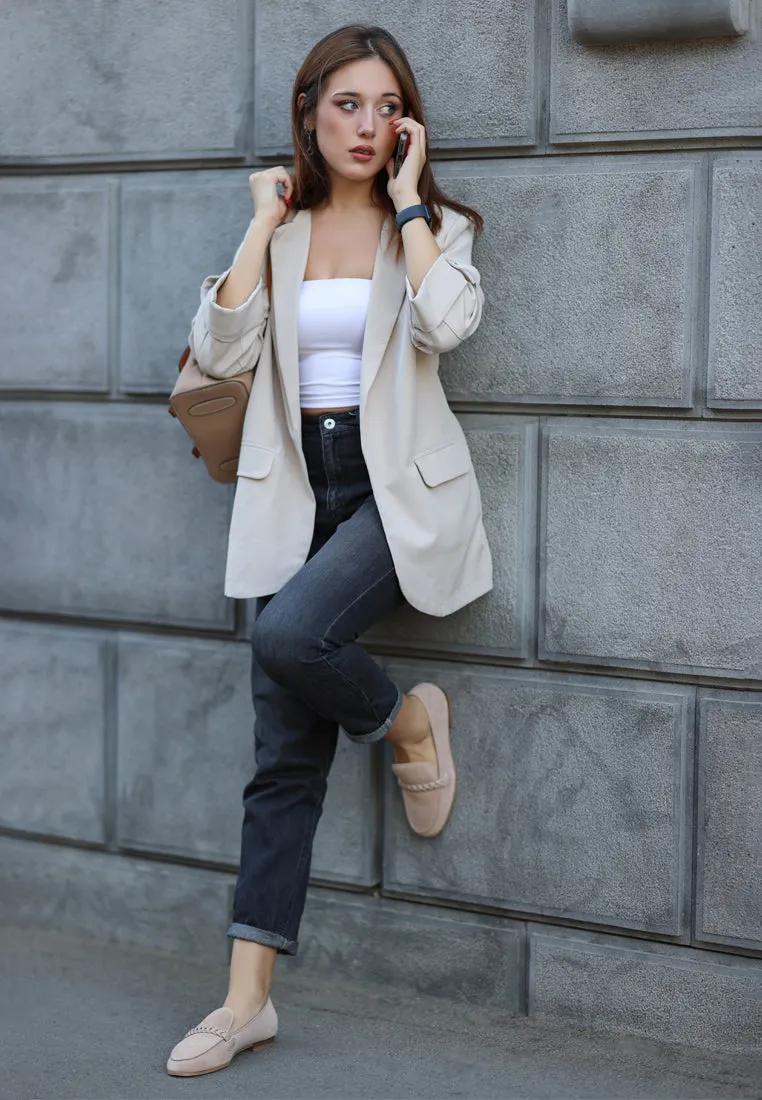 ECHO Suede Leather Braided Detail Loafers In Sand