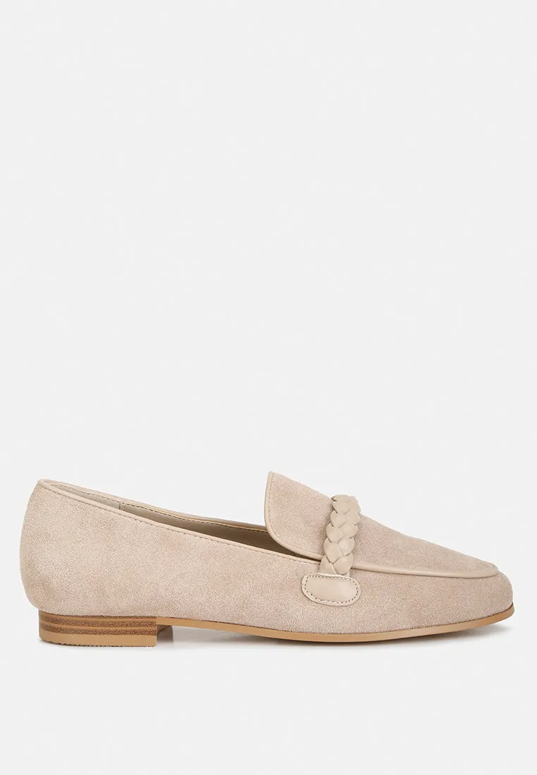 ECHO Suede Leather Braided Detail Loafers In Sand