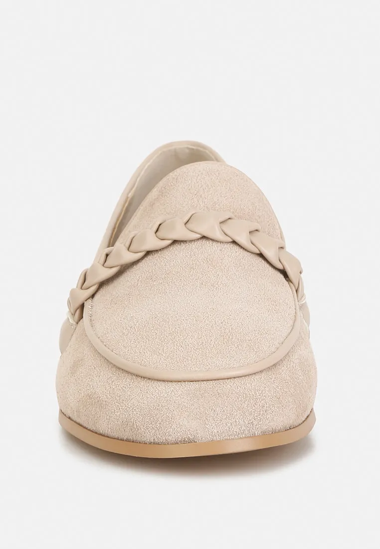 ECHO Suede Leather Braided Detail Loafers In Sand