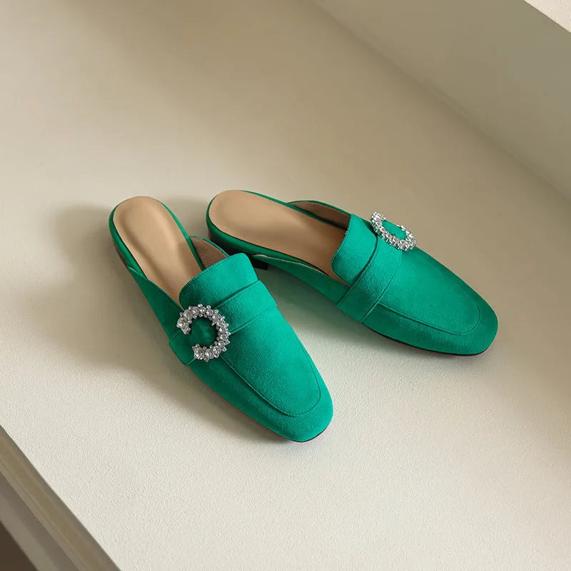 Elara Green Suede Flat Mules