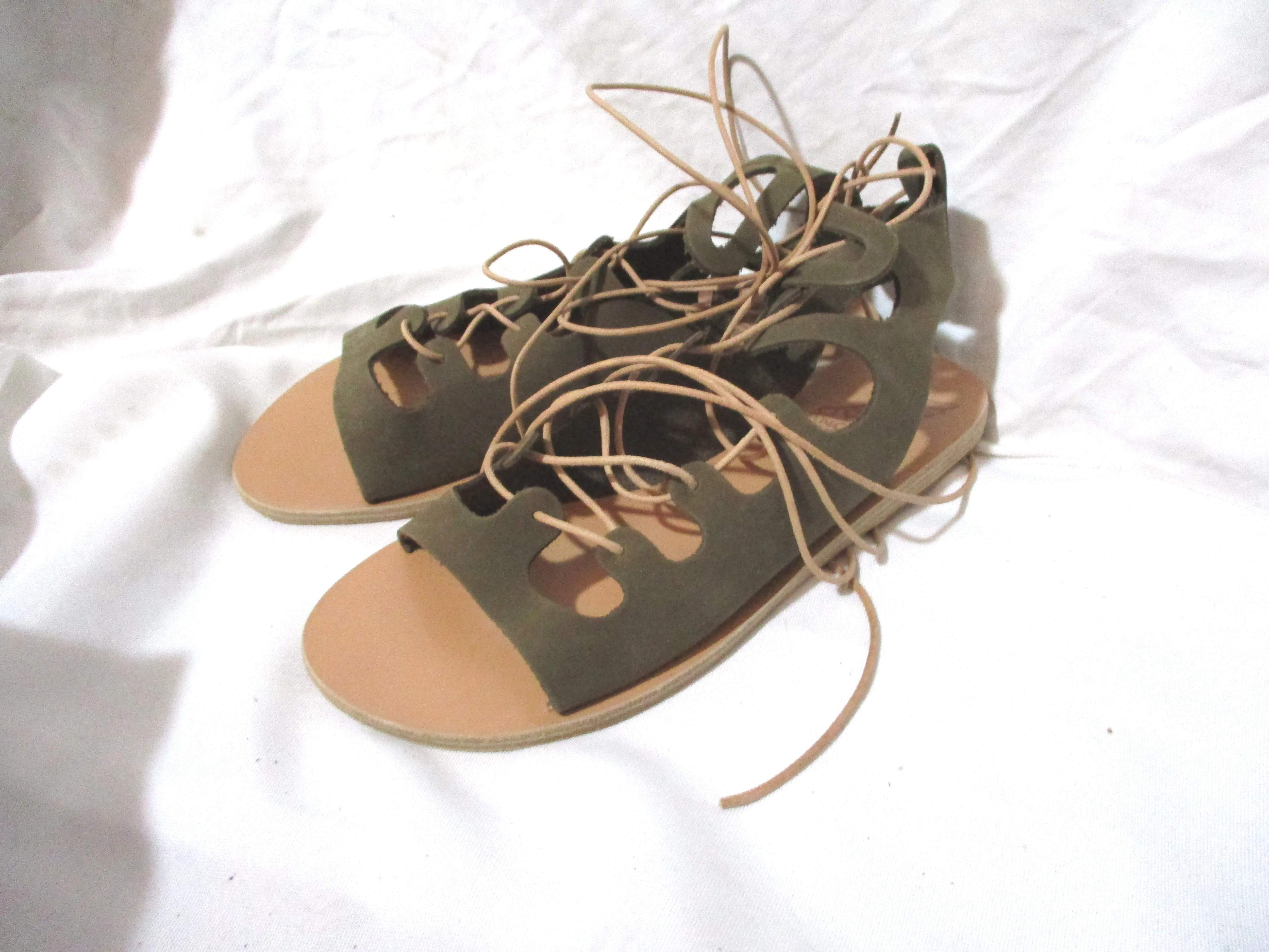 EUC ANCIENT GREEK SANDALS ANTIGONE KHAKI LEATHER NUBUCK 36 Greece