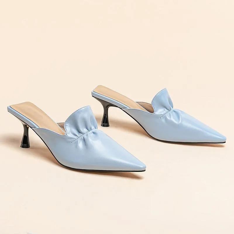 Exquisite Front Folded Designed Blue Women's Leather Heel