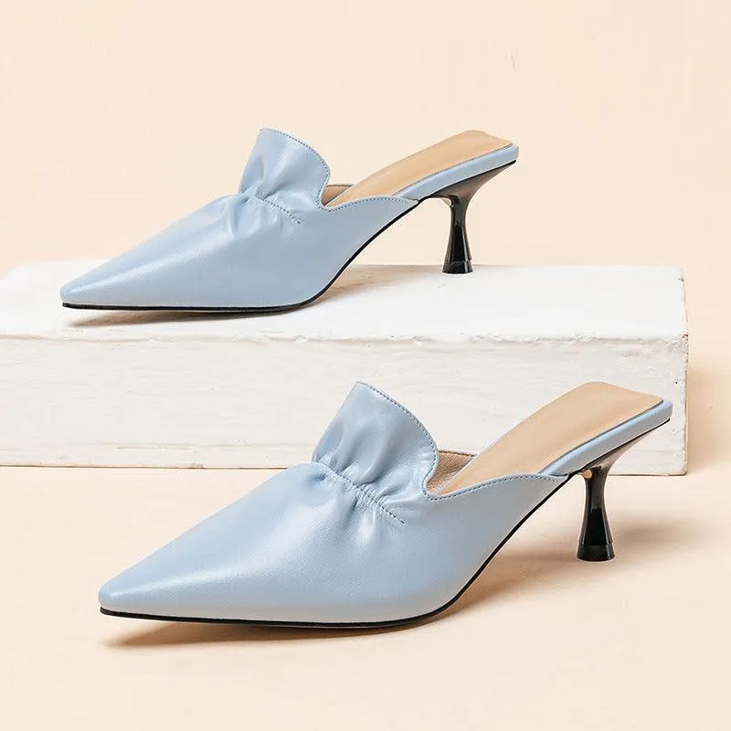 Exquisite Front Folded Designed Blue Women's Leather Heel