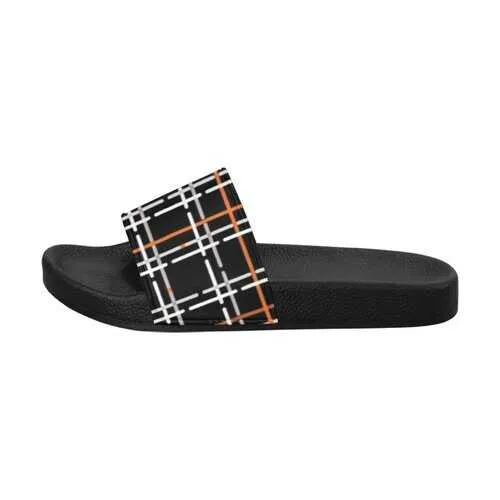 Flip-Flop Sandals, Black Orange and White Tartan Style Women's Slides