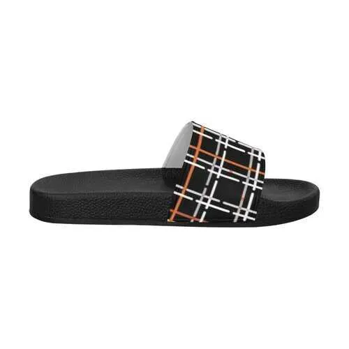 Flip-Flop Sandals, Black Orange and White Tartan Style Women's Slides