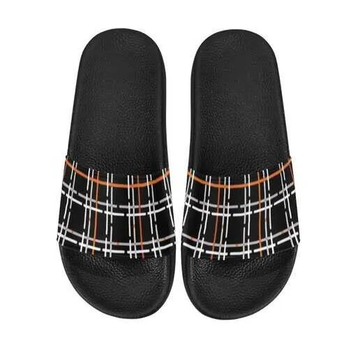 Flip-Flop Sandals, Black Orange and White Tartan Style Women's Slides