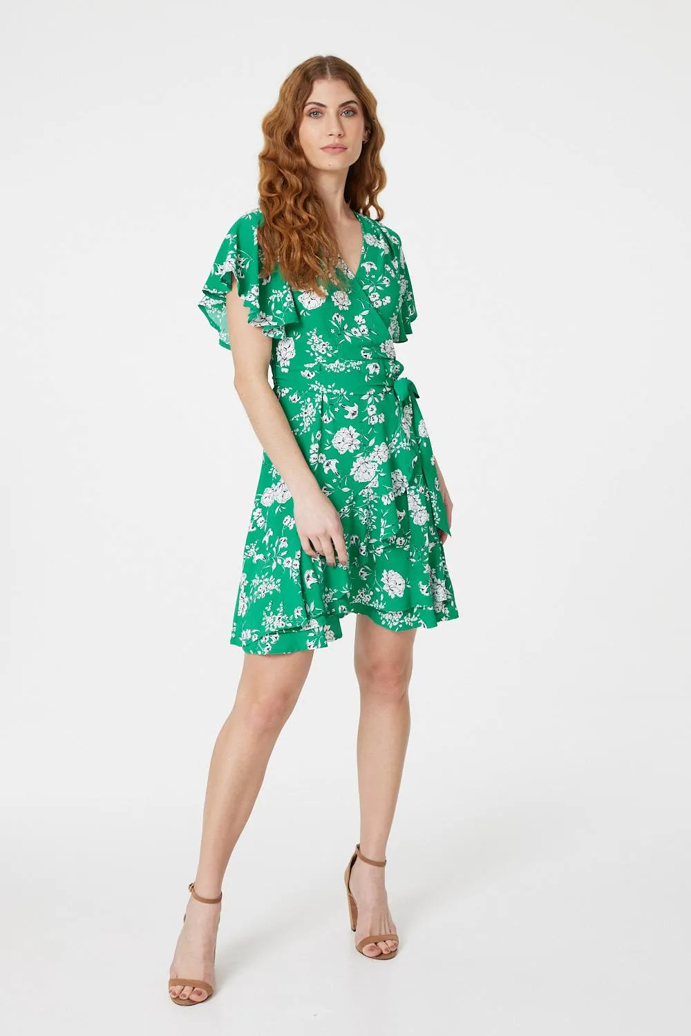 Floral Angel Sleeve Wrap Dress