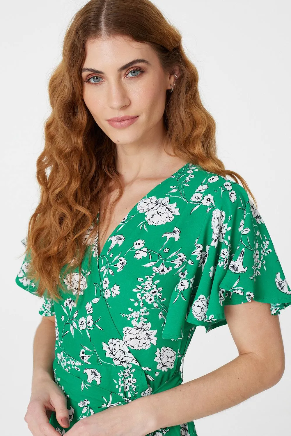 Floral Angel Sleeve Wrap Dress