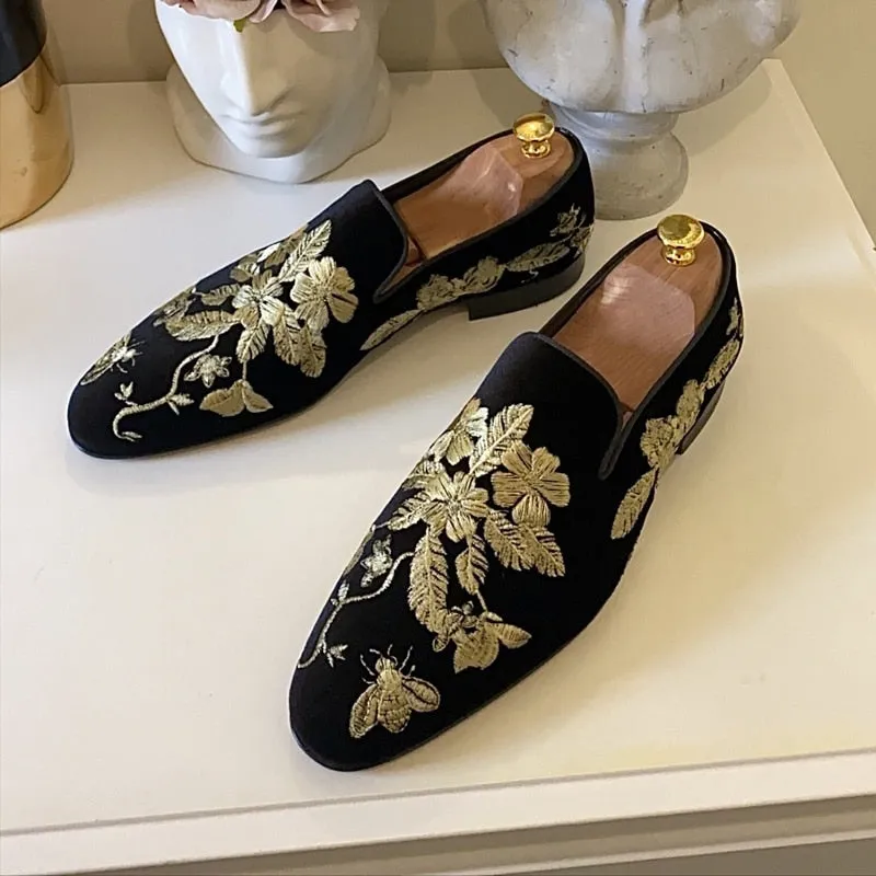 Floral Embroidery Black Flock Loafers