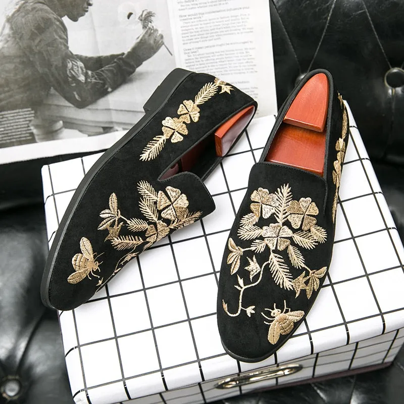 Floral Embroidery Black Flock Loafers