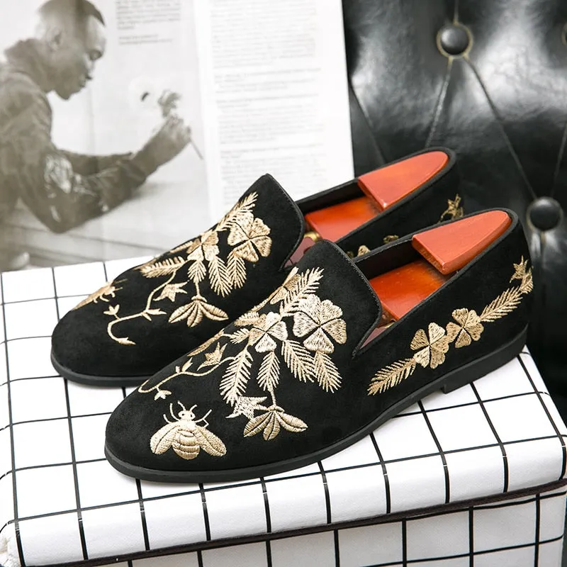 Floral Embroidery Black Flock Loafers