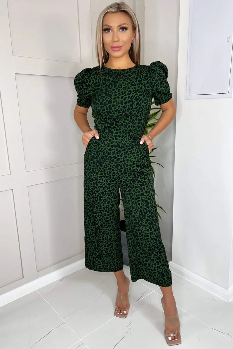 Green Animal Print Round Neck Short Sleeve Jumpsuit