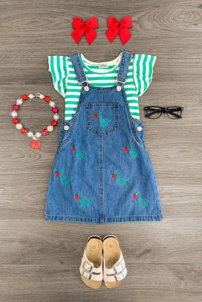 Green Dino Striped Jumper Dress Set