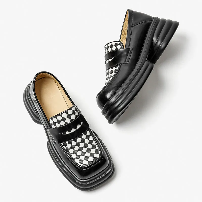 Handmade Leather Platform Penny Loafers For Women In White/Black/Lattice