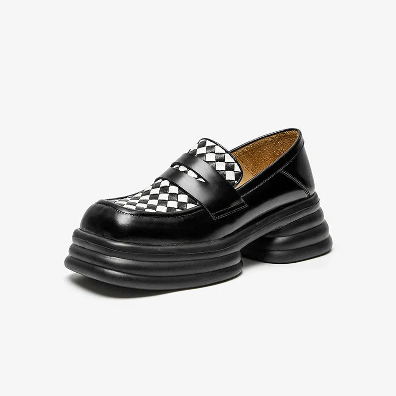 Handmade Leather Platform Penny Loafers For Women In White/Black/Lattice