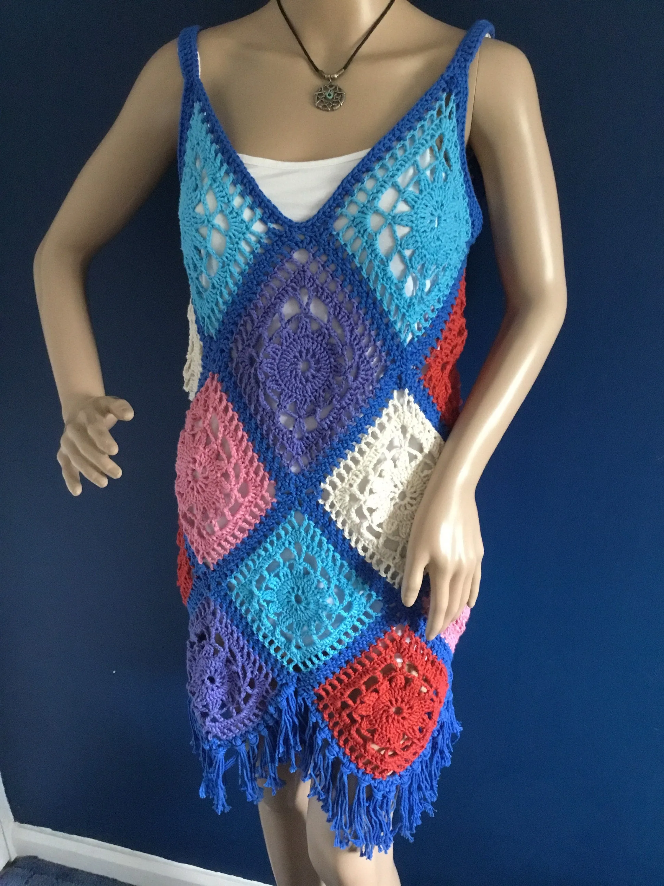 Handmade Unique Boho Crochet Granny Square Dress