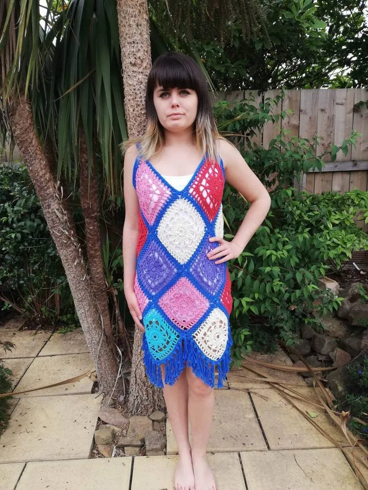 Handmade Unique Boho Crochet Granny Square Dress