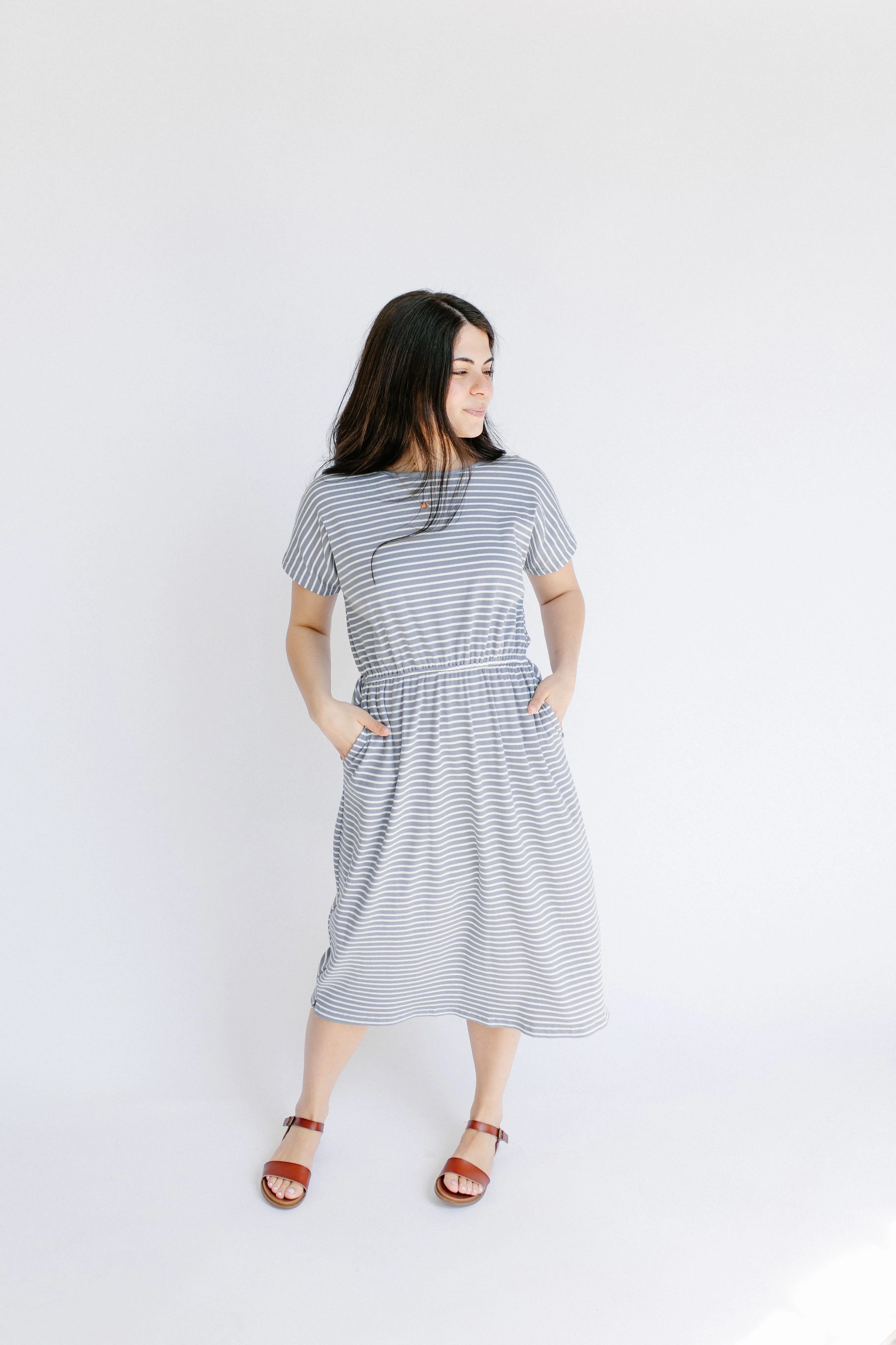 'Hannah' Striped Cotton Blend Midi Dress