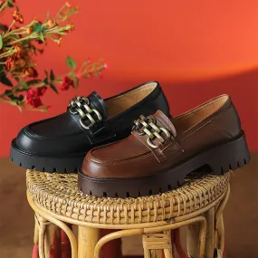 Horsebit-Detailed Handmade Leather Platform Loafers For Women In Black/Coffee