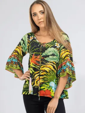 Inoa Darwin Printed Silk BOHO Top with Crystals 208