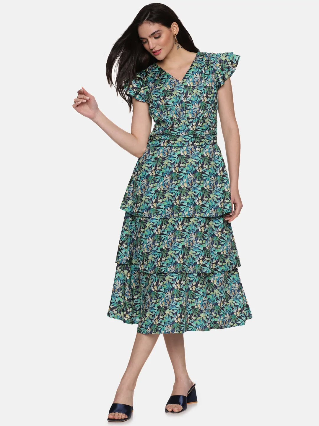 IS.U Floral Green Three Tier Midaxi Dress