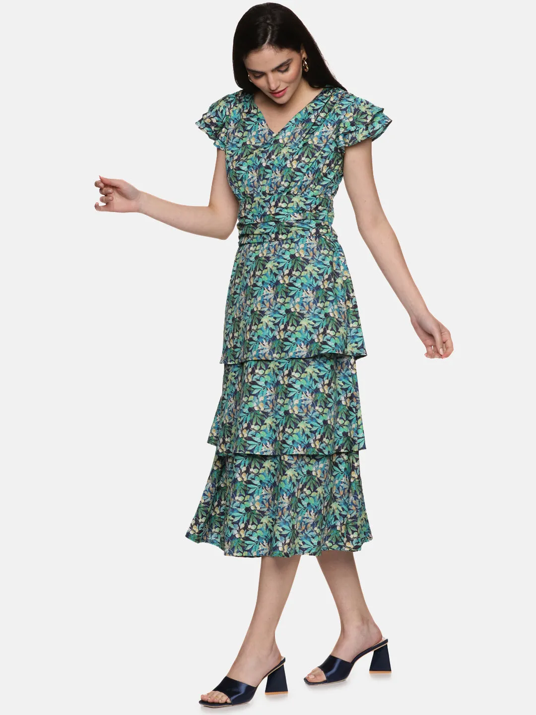 IS.U Floral Green Three Tier Midaxi Dress