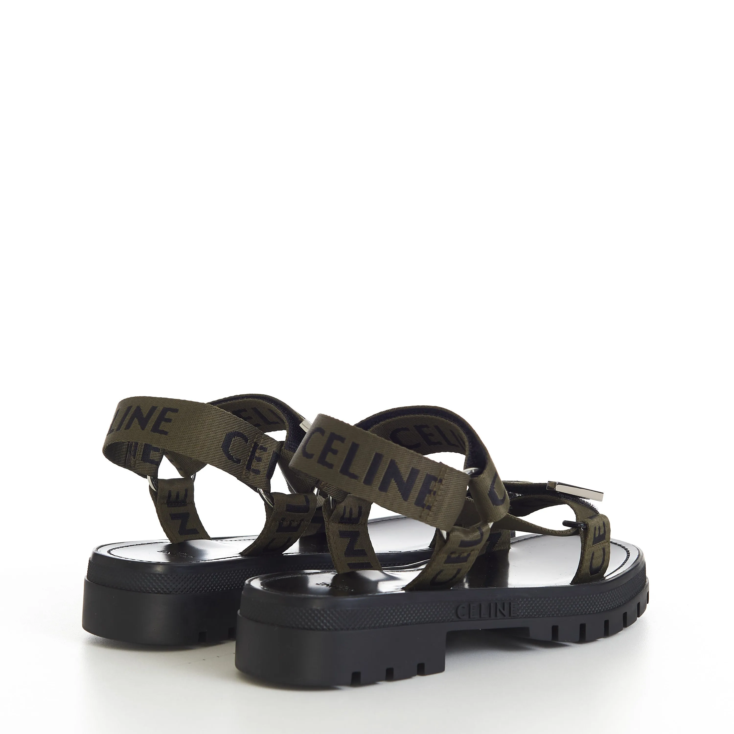 Leo Strappy Sandal In Khaki/Black Textile With "Celine" Jacquard