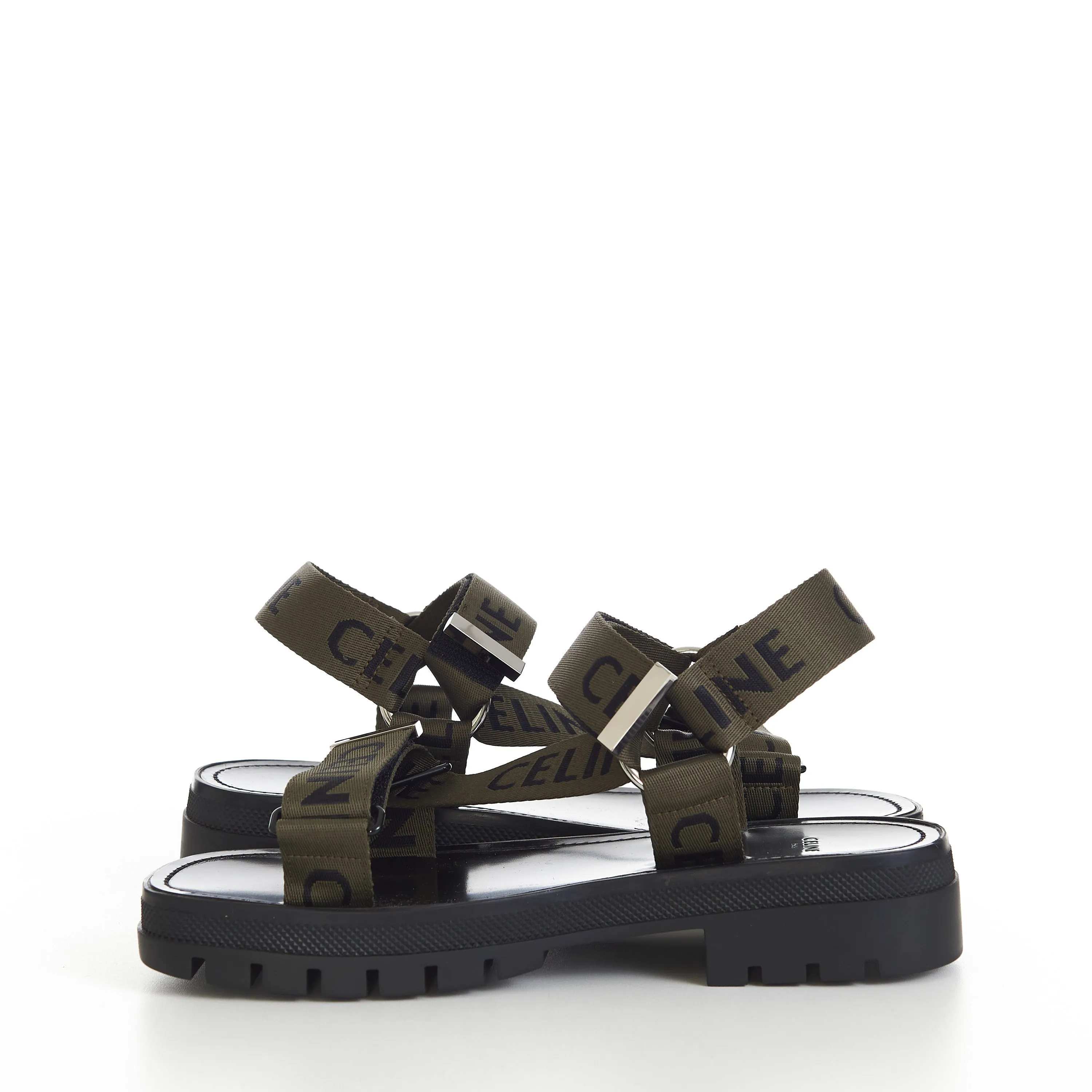 Leo Strappy Sandal In Khaki/Black Textile With "Celine" Jacquard