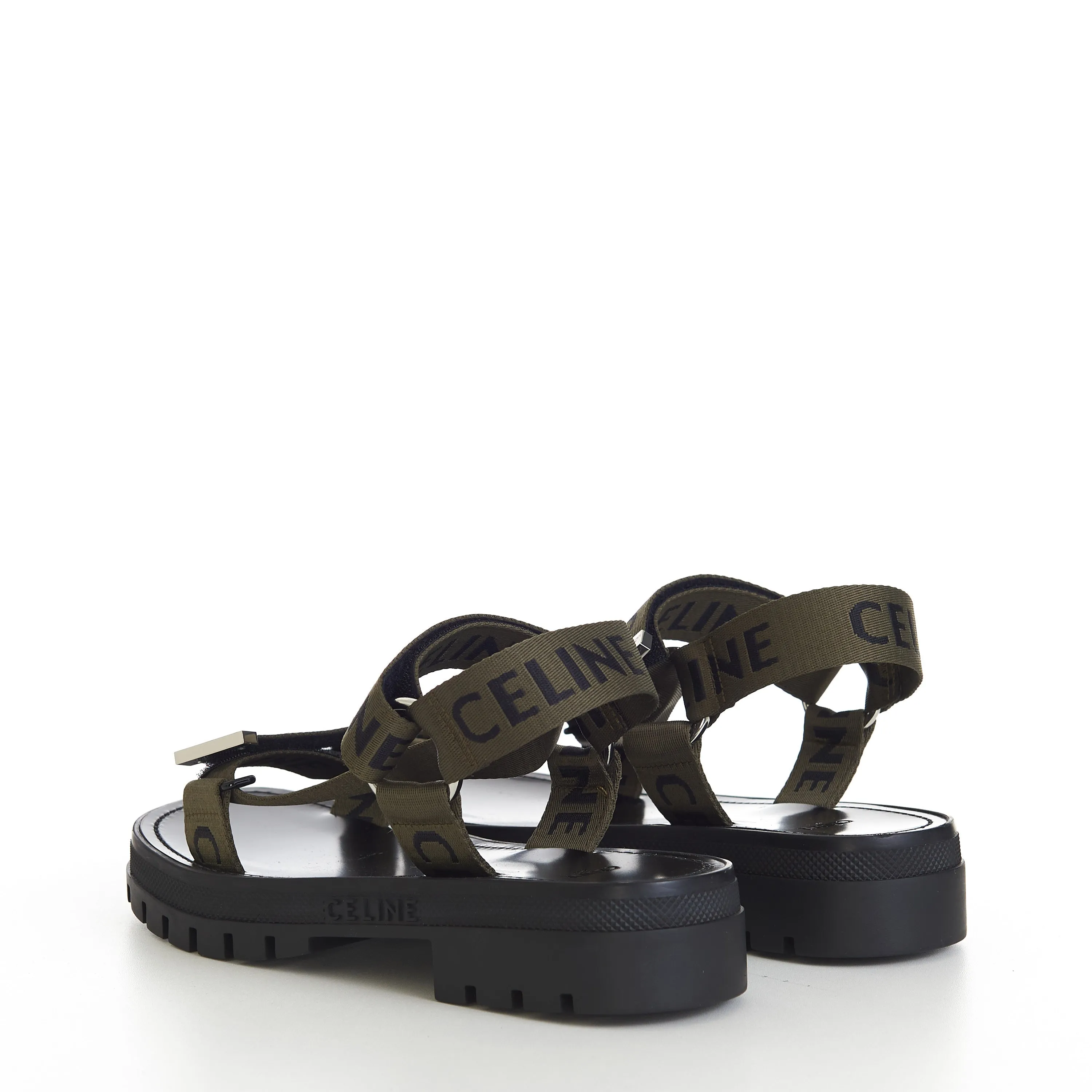 Leo Strappy Sandal In Khaki/Black Textile With "Celine" Jacquard