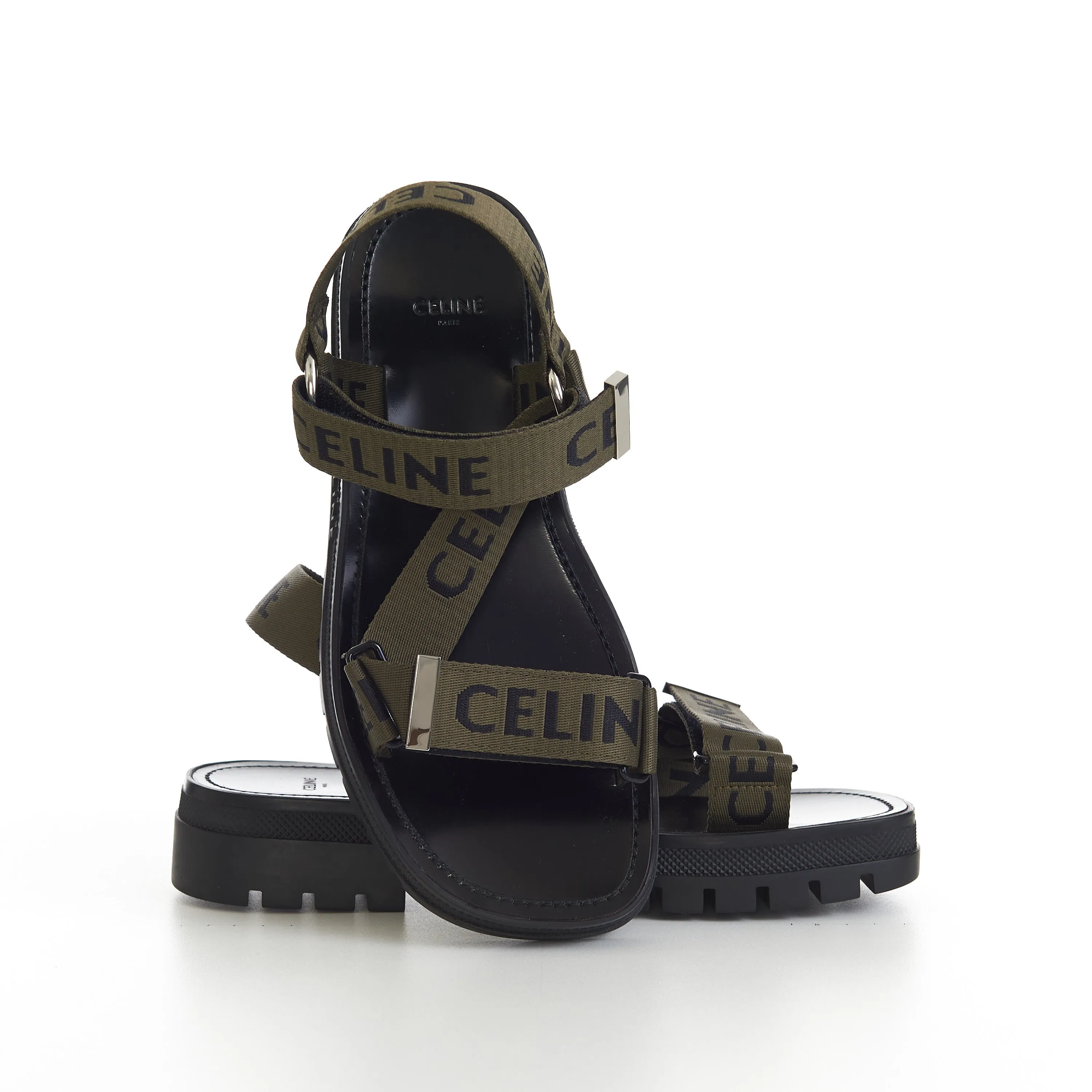 Leo Strappy Sandal In Khaki/Black Textile With "Celine" Jacquard